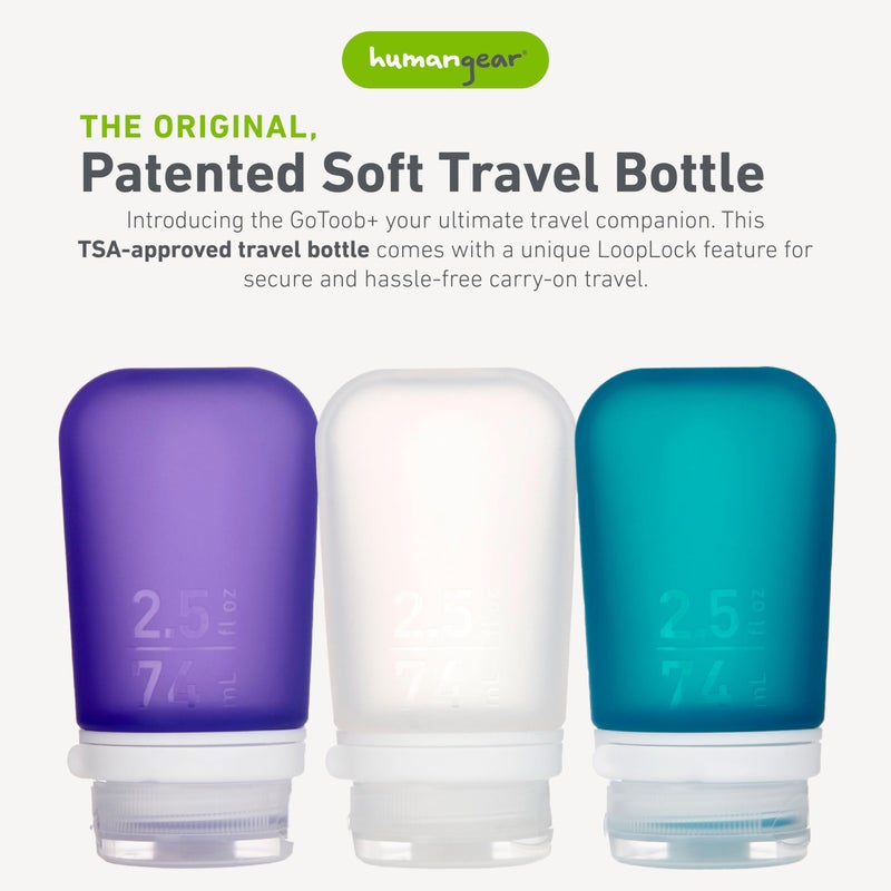 humangear GoToob+ 3-Pack (Medium) | Refillable Silicone Travel Bottle | Locking Lid | Food-Safe Material, Clear/Purple/Teal, Medium (2.5 fl.oz.; 74ml) - Image 2